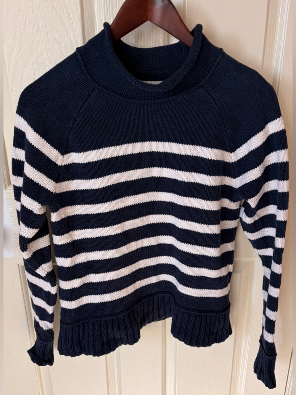 LL Bean Signature Navy Striped Cotton Ragg Funnelneck Sweater, Small (Damaged).